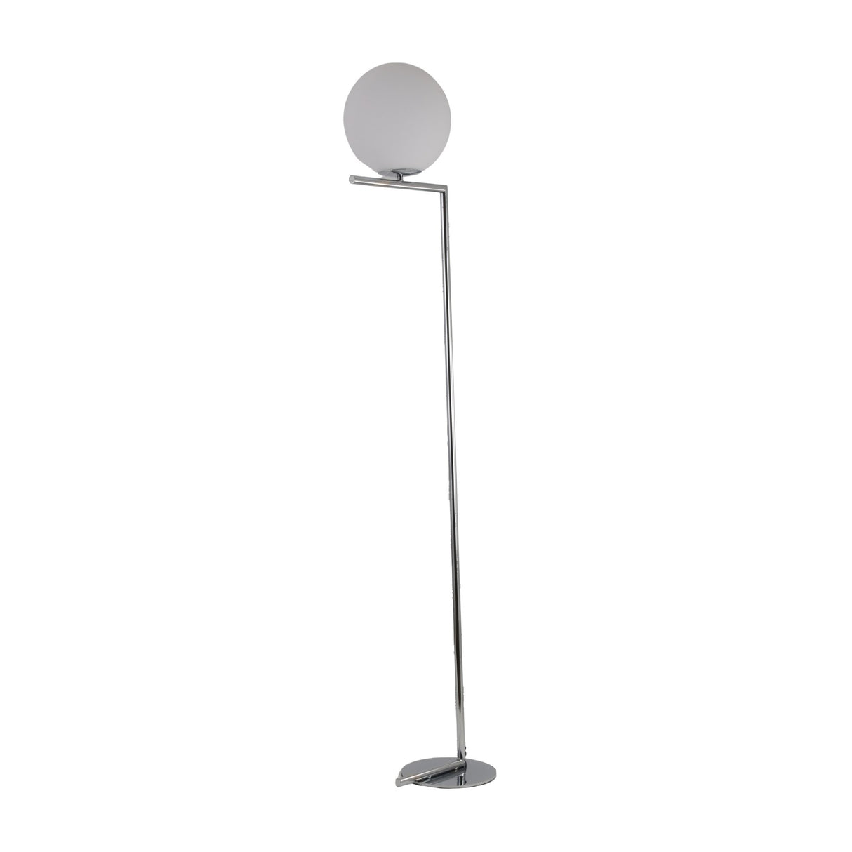 The Vetra 1 Light Opal Glass Floor Lamp - Grey features a slim chrome-finished stand, round base, and an opal glass sphere lampshade near the top on a short arm, offering soft ambient lighting.