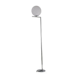 The Vetra 1 Light Opal Glass Floor Lamp - Grey features a slim chrome-finished stand, round base, and an opal glass sphere lampshade near the top on a short arm, offering soft ambient lighting.