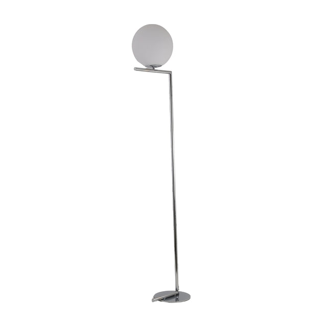 The Vetra 1 Light Opal Glass Floor Lamp - Grey features a slim chrome-finished stand, round base, and an opal glass sphere lampshade near the top on a short arm, offering soft ambient lighting.