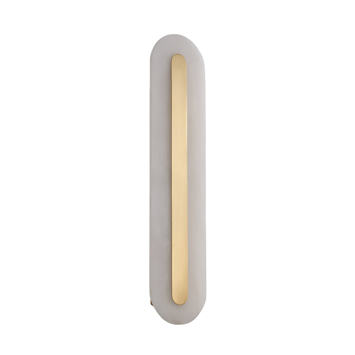 The Averra LED Large Round Alabaster Wall Light in Soft White & Brass features a modern design with a matte white base, central vertical brass accent, and elegant alabaster glow for sophisticated style.