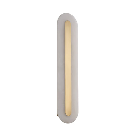 The Averra LED Large Round Alabaster Wall Light in Soft White & Brass features a modern design with a matte white base, central vertical brass accent, and elegant alabaster glow for sophisticated style.