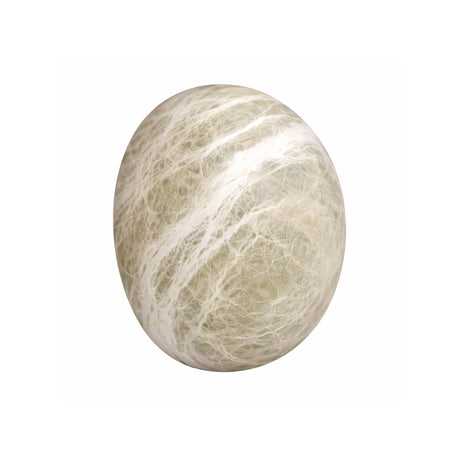 The Orvani LED Small Oval Alabaster Wall Light - Soft White features a smooth, oval design crafted from natural Spanish alabaster with a pale green tint and white web-like streaks, shown against a plain white background.