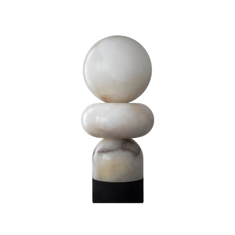 The Talmera 1 Light Small Sculptural Sphere Alabaster Table Lamp features a modern sphere atop rounded forms in soft white alabaster with a black base, perfect as an abstract accent piece for contemporary spaces.