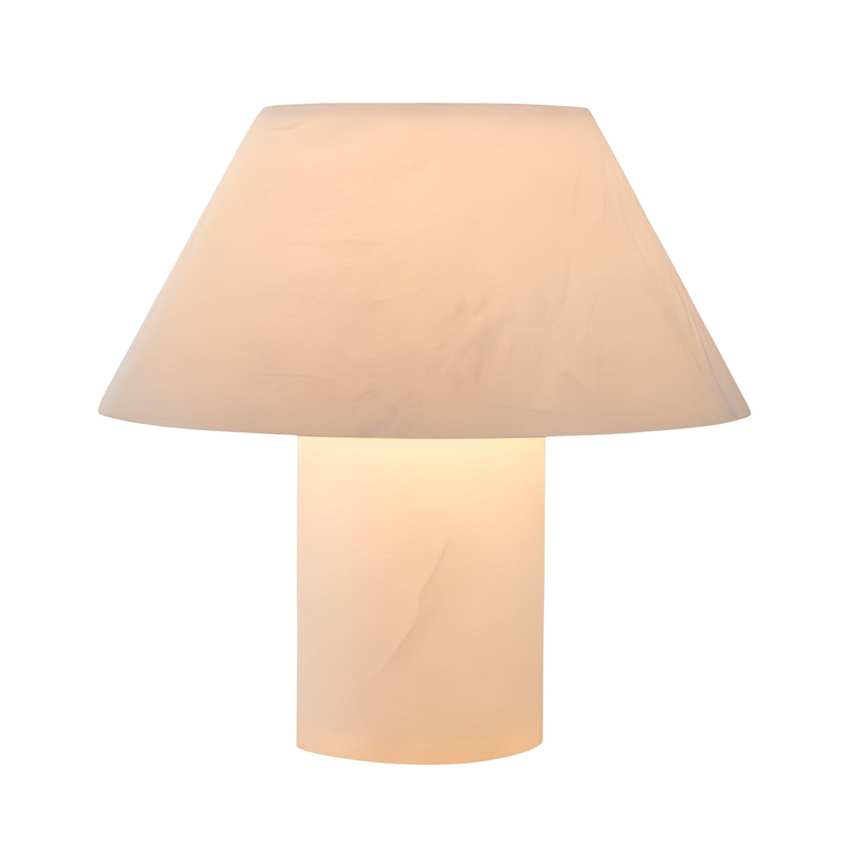 The Lunessa LED Large Sculpted Mushroom Alabaster Table Lamp in Soft White features a minimalist design with a cylindrical base and wide conical shade, providing warm, gentle light for any space.