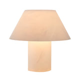 The Lunessa LED Large Sculpted Mushroom Alabaster Table Lamp in Soft White features a minimalist design with a cylindrical base and wide conical shade, providing warm, gentle light for any space.