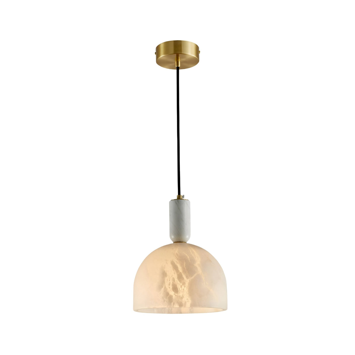 The Belvix 1 Light Medium Dome Alabaster Single Pendant Light features a round brushed brass mount, black cord, white marble detail, and a semi-translucent alabaster shade in soft white.