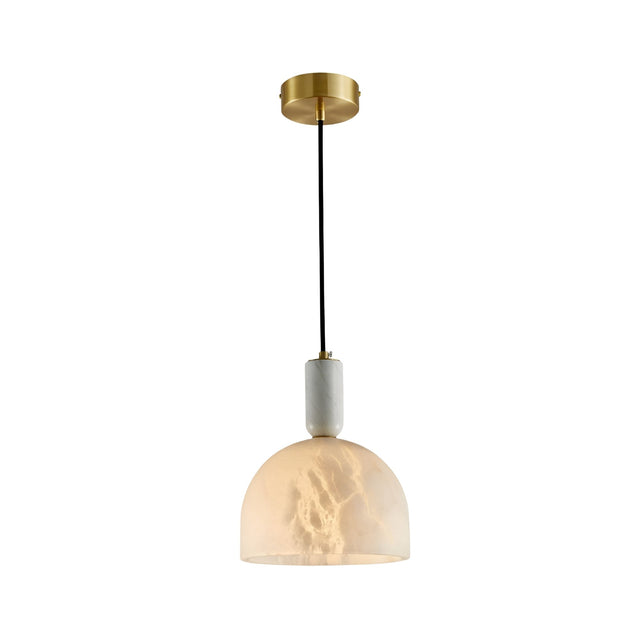 The Belvix 1 Light Medium Dome Alabaster Single Pendant Light features a round brushed brass mount, black cord, white marble detail, and a semi-translucent alabaster shade in soft white.