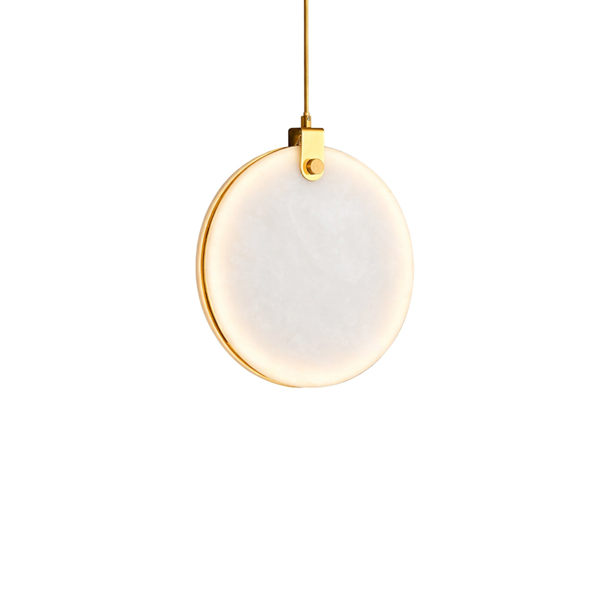 The Luna LED Single Alabaster Pendant Light features a soft white alabaster center and brushed brass frame, suspended by a thin gold cord against a plain white background.