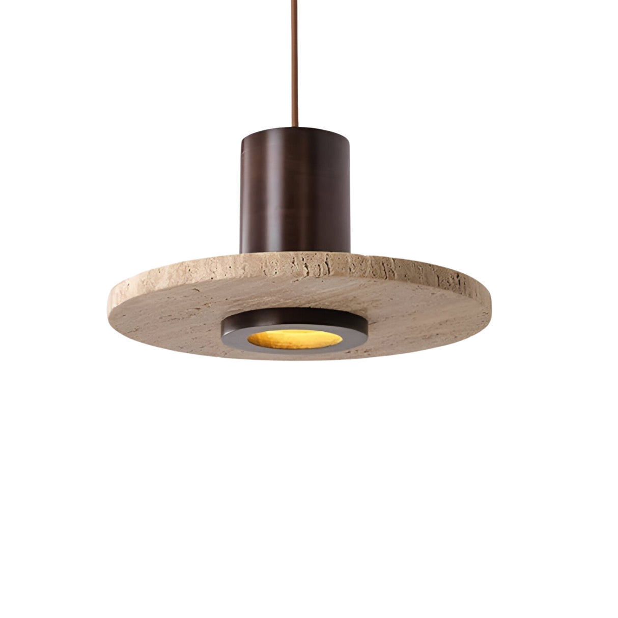 The Torvane 1 Light Small Wide Disc Travertine Single Pendant Light in Walnut Brown & Light Beige features a cylindrical metal fixture, a round beige stone disk, and a central opening that emits warm light.