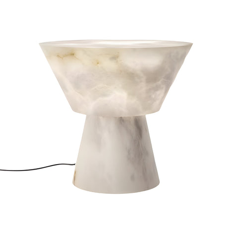 The Calyrix LED Medium Flared Alabaster Table Lamp in Soft White features sculptural alabaster with subtle veining, a wide flared top, tapered cylindrical base, and a black power cord for a modern touch.