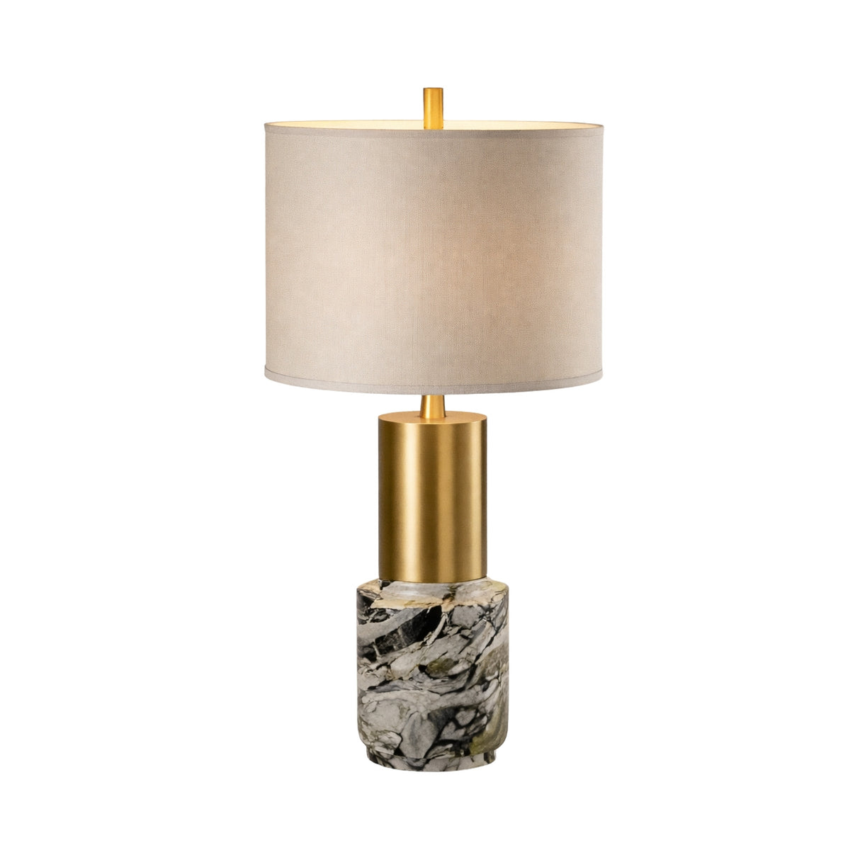 The Lunaro 1 Light Marble Table Lamp features a cylindrical beige fabric shade, brass neck, and a patterned marble base in black, white, and gray.