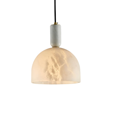 The Belvix 1 Light Medium Dome Alabaster Single Pendant Light features a soft white, semi-transparent shade with a brushed brass finish, softly glowing and suspended from a black cord against a white background.