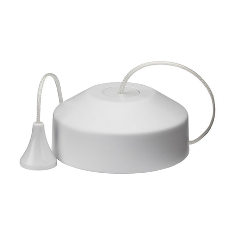 The 10AX 2-Way Pull Cord Switch in Matt White showcases a sleek, round main unit with a minimalist design. It features a conical pull cord and handle for easy gripping, combining practicality and elegance for versatile use.