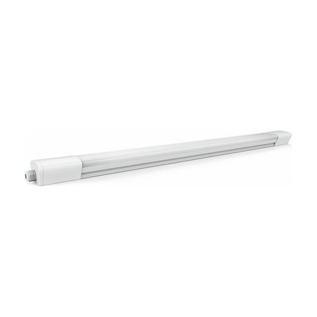 Linesta 18W LED batten light, 64.5cm slim white housing with opal diffuser, cool white finish, shown at an angle on a plain white background.