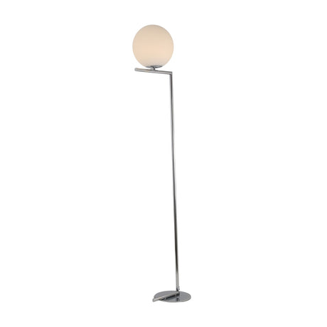 The Vetra 1 Light Opal Glass Floor Lamp in grey features a slim, angled chrome stand and an opal glass sphere top, providing ambient lighting from its circular base.