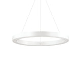 The Arcena Round LED Suspension Light features a modern, minimalist design with its 60cm circular form and sleek white finish, hanging elegantly from the ceiling by slender cords. This dimmable light emits a soft, diffused glow at 3000K, enhancing any space with a contemporary and elegant ambiance. Its energy-efficient design stands out beautifully against a plain white background.