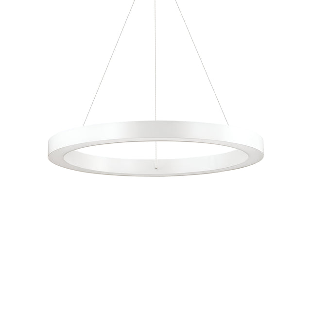 The Arcena Round LED Suspension Light features a modern, minimalist design with its 60cm circular form and sleek white finish, hanging elegantly from the ceiling by slender cords. This dimmable light emits a soft, diffused glow at 3000K, enhancing any space with a contemporary and elegant ambiance. Its energy-efficient design stands out beautifully against a plain white background.