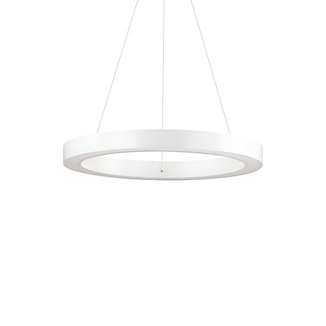 The Arcena Round LED Suspension Light 3000K 50cm - White is a contemporary fixture that hangs from the ceiling with thin wires. Its modern design features a minimalist, wide white ring that emits a soft glow. Set against a plain white background, this light accentuates its clean aesthetic and offers convenient dimmable LED functionality.