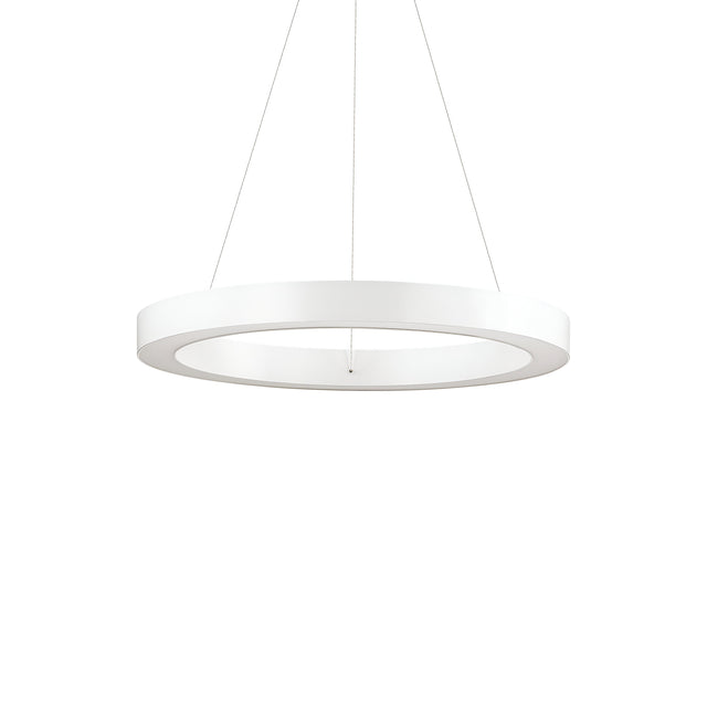 The Arcena Round LED Suspension Light 3000K 50cm - White is a contemporary fixture that hangs from the ceiling with thin wires. Its modern design features a minimalist, wide white ring that emits a soft glow. Set against a plain white background, this light accentuates its clean aesthetic and offers convenient dimmable LED functionality.