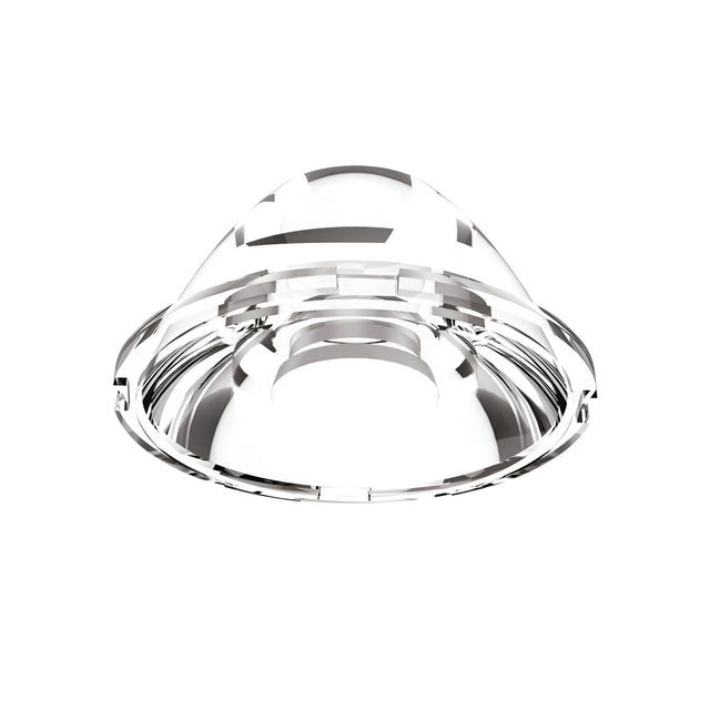 The Lumos Downlight Lens - 55°, 45mm is a clear, dome-shaped lens with a glass-like appearance and features a smooth, reflective surface against a white background. This symmetrical object is designed to provide diffused lighting with a glossy finish and has a beam angle of 55°.