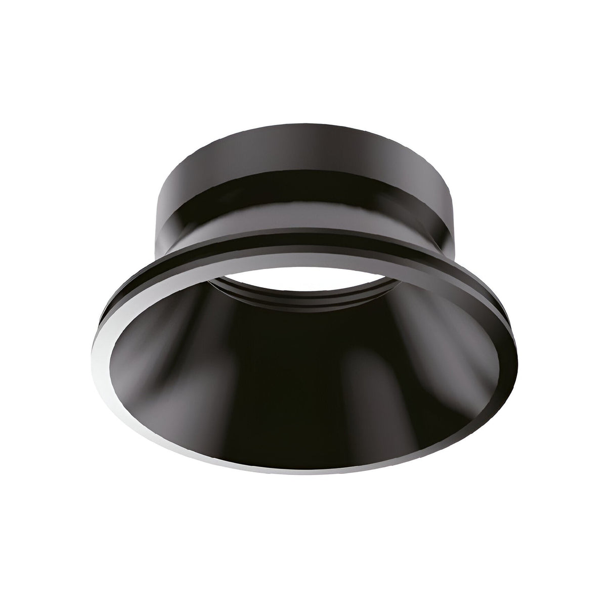 Introducing the Lumos Reflector Round Fixed Frame 73mm - Black: a recessed lighting trim ring featuring a smooth, reflective surface. Its circular design with a wide opening that tapers inward makes it ideal for modern ceiling fixtures and downlights.