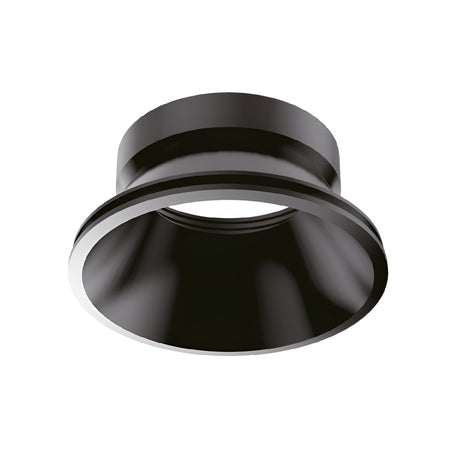 Introducing the Lumos Reflector Round Fixed Frame 73mm - Black: a recessed lighting trim ring featuring a smooth, reflective surface. Its circular design with a wide opening that tapers inward makes it ideal for modern ceiling fixtures and downlights.