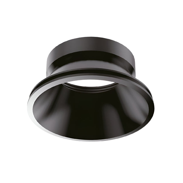Introducing the Lumos Reflector Round Fixed Frame 73mm - Black: a recessed lighting trim ring featuring a smooth, reflective surface. Its circular design with a wide opening that tapers inward makes it ideal for modern ceiling fixtures and downlights.