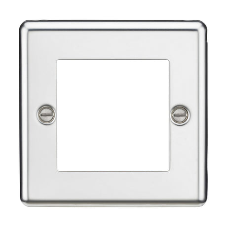 This 2 Gang Modular Faceplate is designed with rounded edges and crafted from premium grade steel, featuring a polished chrome finish. It comes with two screws and an empty center cutout for convenient switch or outlet installation, meeting IP20 standards for quality and safety.