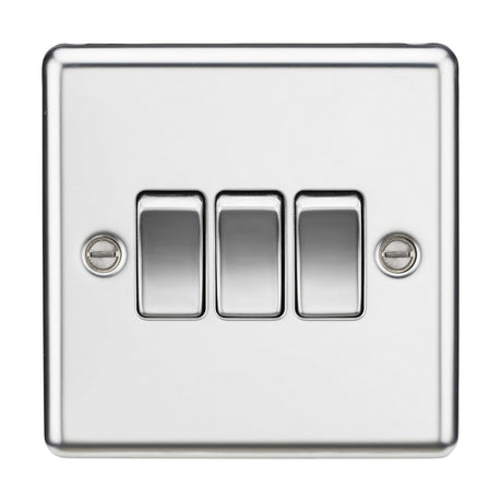 The 10AX 3 Gang 2-Way Switch - Polished Chrome (Rounded Edge) is a light switch panel featuring a polished chrome finish, rounded edge metal design, three separate 10AX 2-way switches, and two visible screws on the plate.