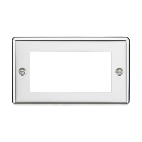 The 4 Gang Modular Faceplate - Polished Chrome (Rounded Edge) is a rectangular wall plate made from premium-grade steel featuring a large central opening to accommodate devices or controls. It includes two screw holes on either side for mounting and boasts a smooth, metallic polished chrome finish.