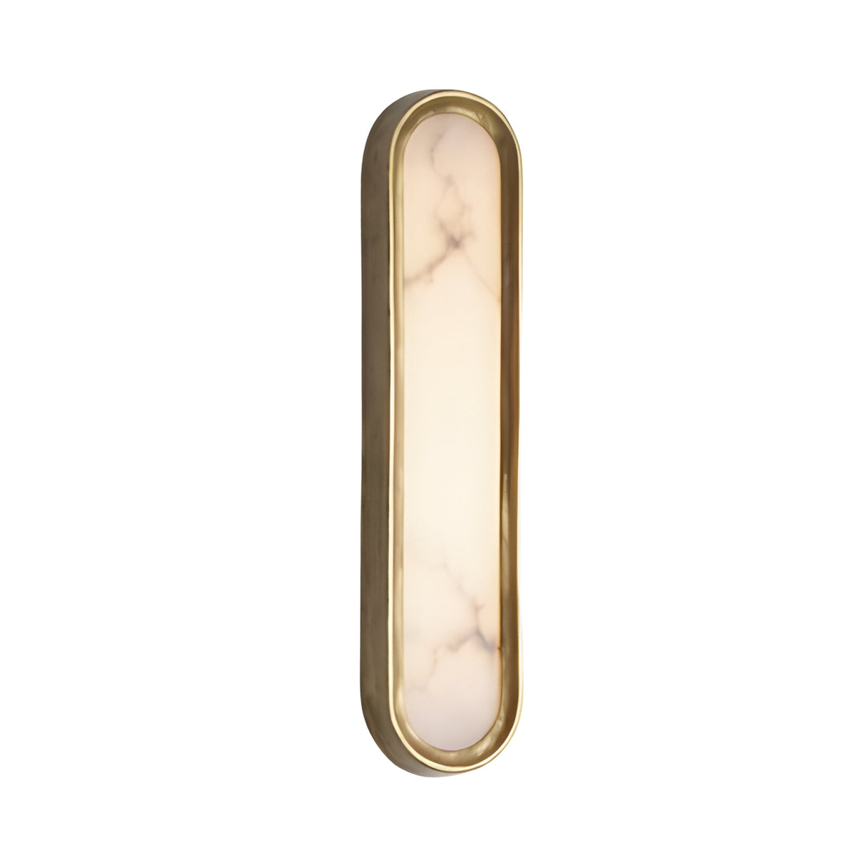 The Aurex LED Vertical Alabaster Wall Light features a sleek, minimalistic design with a brushed brass frame and white marbled glass in an elongated oval shape, creating a modern look with soft white illumination.
