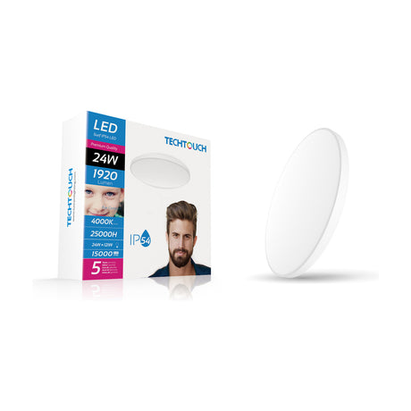 Round flush ceiling light in opal white acrylic with slim white ring, 30cm, 24W LED, IP54, 4000K, shown beside its retail packaging on a white background.
