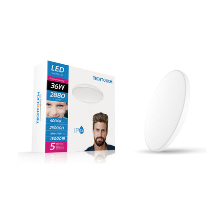 Round flush ceiling light with opal white acrylic diffuser and white trim, 38.6cm, 36W 4000K IP54 LED, shown with retail packaging on a white background.