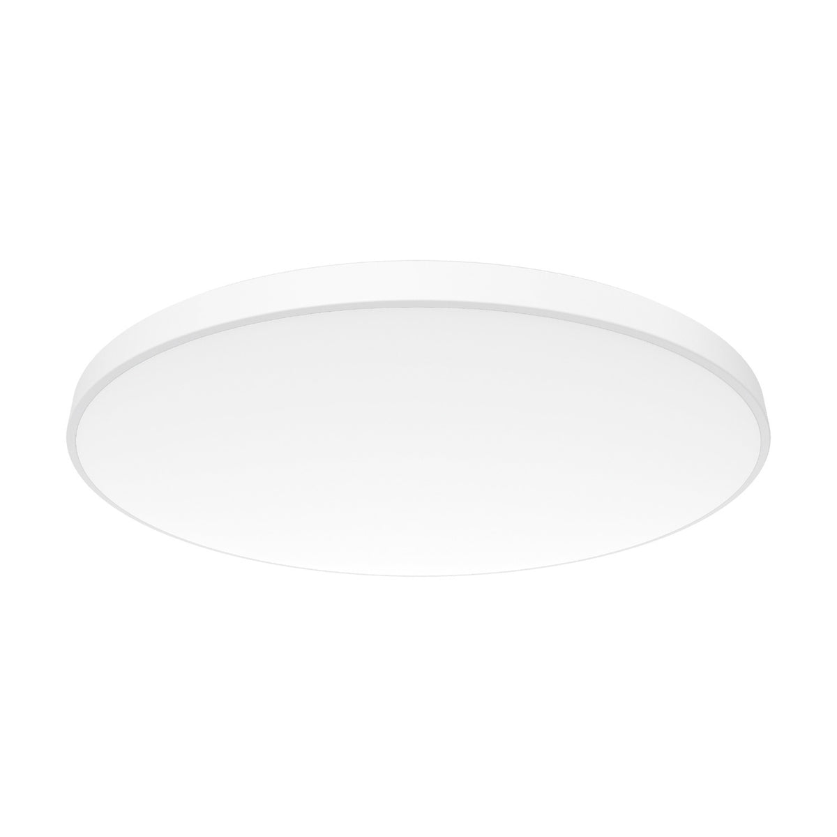 Round flush ceiling light with a shallow opal white acrylic diffuser and slim white trim, 38.6cm, 36W 4000K IP54, shown on a plain white background.
