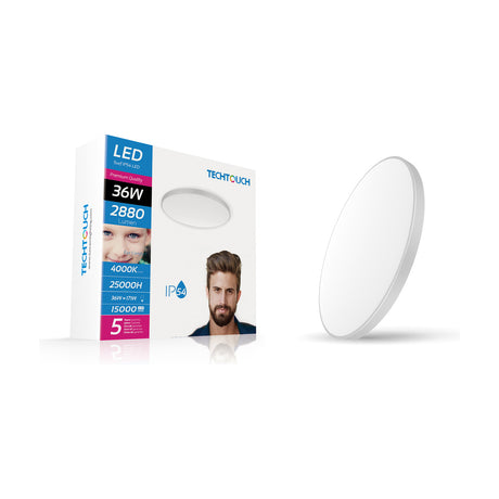 Round flush ceiling light with opal white diffuser and slim silver trim, shown beside its retail packaging on a plain white background, 36W IP54 4000K.