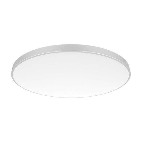Round flush ceiling light with opal white acrylic diffuser and slim silver trim ring, 38.6cm, 4000K cool white LED, IP54 rated, on a plain white background.