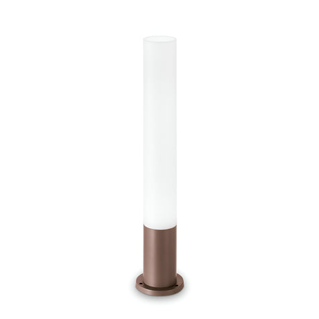 The Lumira Round Outdoor Bollard Light, featuring a tall cylindrical shape with a frosted white glass shade and a bronze-colored base, is an excellent choice for modern interiors or as part of your outdoor lighting setup to illuminate garden paths.