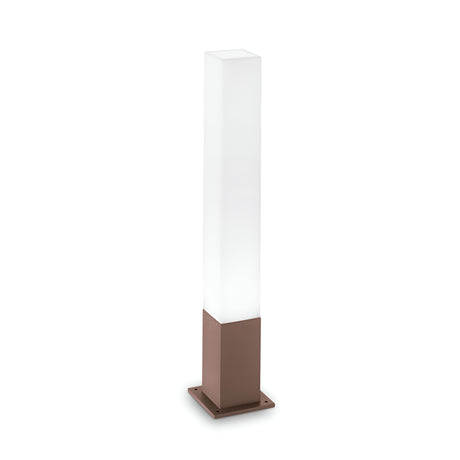 The Lumira Square Outdoor Bollard Light - Brown/White features a tall, modern design with a white frosted rectangular top and a brown square base. Its minimalist design and aluminum frame provide a sleek appearance, making it an ideal choice for garden lighting while standing on a flat surface.