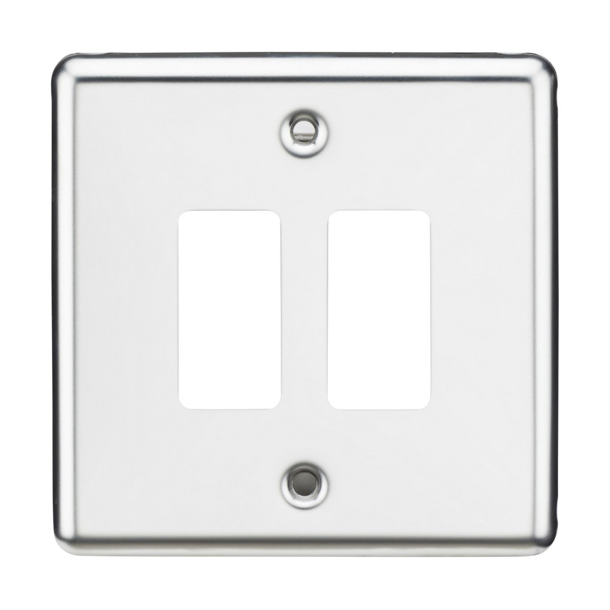 The 2 Gang Grid Faceplate - Rounded Edge Polished Chrome is a double light switch cover plate, compatible with the Knightsbridge Grid System, featuring two rectangular openings and two strategically placed screw holes—one at the top and another at the bottom—set against a white background.