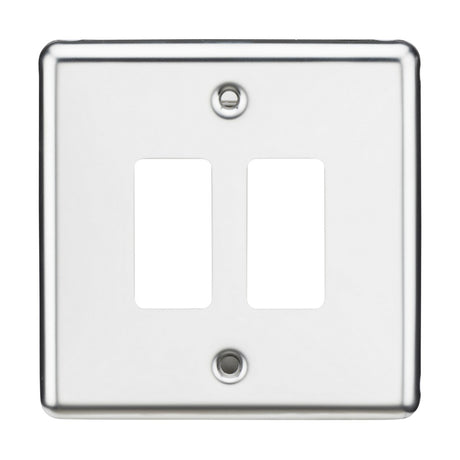 The 2 Gang Grid Faceplate - Rounded Edge Polished Chrome is a double light switch cover plate, compatible with the Knightsbridge Grid System, featuring two rectangular openings and two strategically placed screw holes—one at the top and another at the bottom—set against a white background.