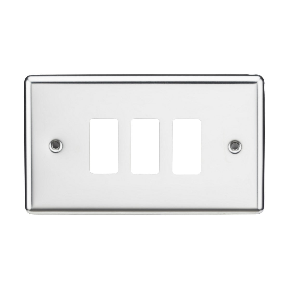 The 3 Gang Grid Faceplate - Rounded Edge Polished Chrome is a sleek white switch plate designed for three switches. It has a polished chrome border and features two screw holes for mounting, one on each side, offering a minimalist appearance.