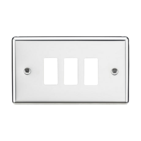 The 3 Gang Grid Faceplate - Rounded Edge Polished Chrome is a sleek white switch plate designed for three switches. It has a polished chrome border and features two screw holes for mounting, one on each side, offering a minimalist appearance.