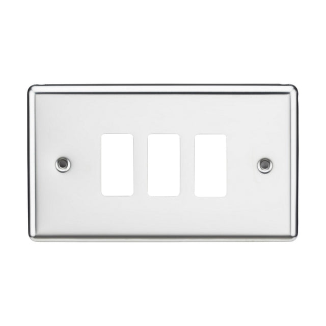 The 3 Gang Grid Faceplate - Rounded Edge Polished Chrome is a sleek white switch plate designed for three switches. It has a polished chrome border and features two screw holes for mounting, one on each side, offering a minimalist appearance.