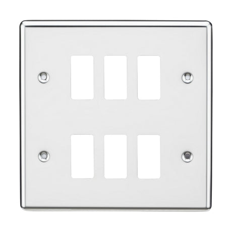 The 6 Gang Grid Faceplate - Rounded Edge Polished Chrome is a stylish wall plate with six rectangular slots for modular switches or outlets. It features four screw holes for easy mounting and is designed to be compatible with the Knightsbridge Grid System, bringing an elegant touch to any room.