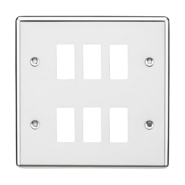 The 6 Gang Grid Faceplate - Rounded Edge Polished Chrome is a stylish wall plate with six rectangular slots for modular switches or outlets. It features four screw holes for easy mounting and is designed to be compatible with the Knightsbridge Grid System, bringing an elegant touch to any room.