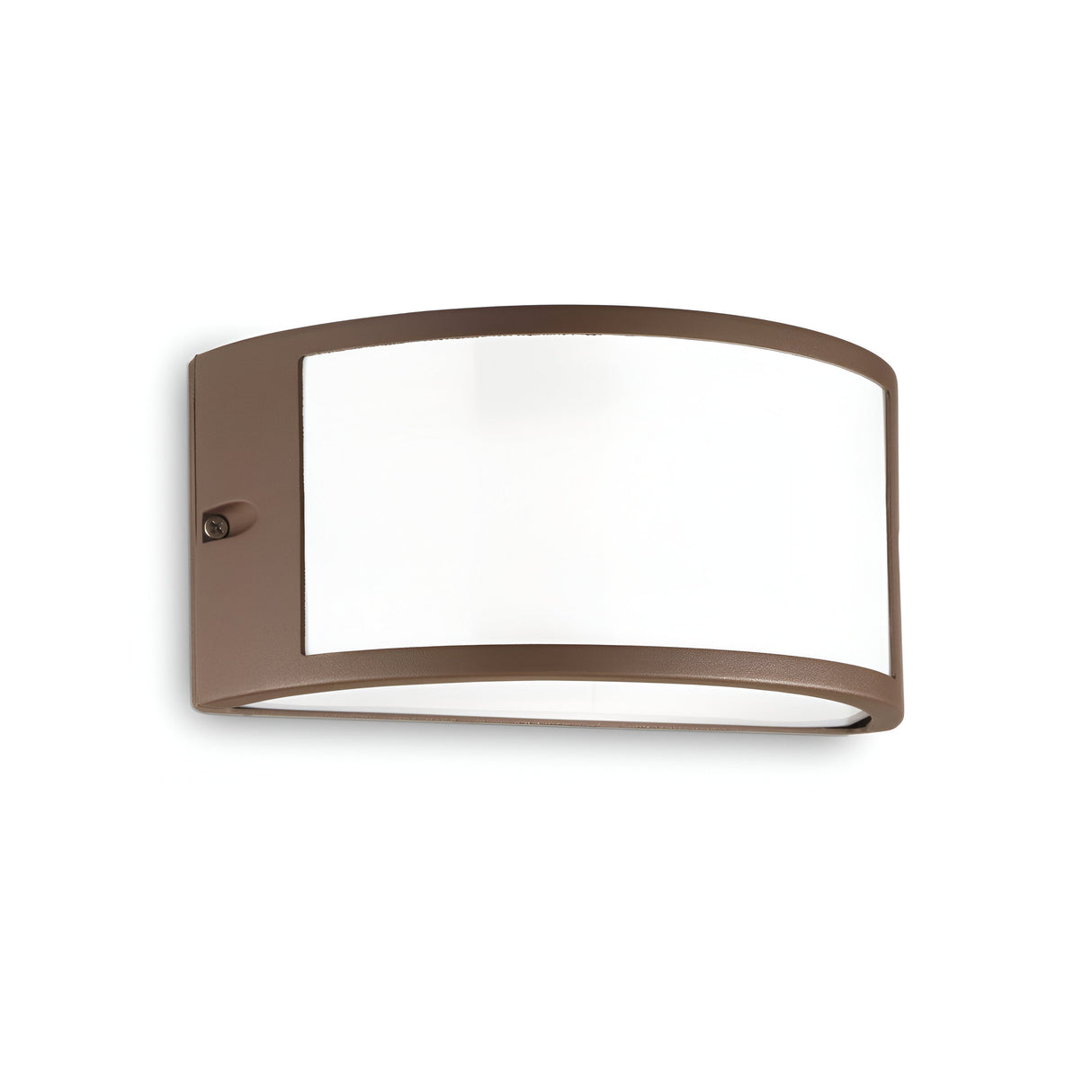 Introducing the Lucera Outdoor Wall Light in Brown: a modern and minimalist rectangular wall sconce with a curved, die-cast aluminum frame and frosted glass center. It features a small switch on the left side, making it perfect for various interior settings.