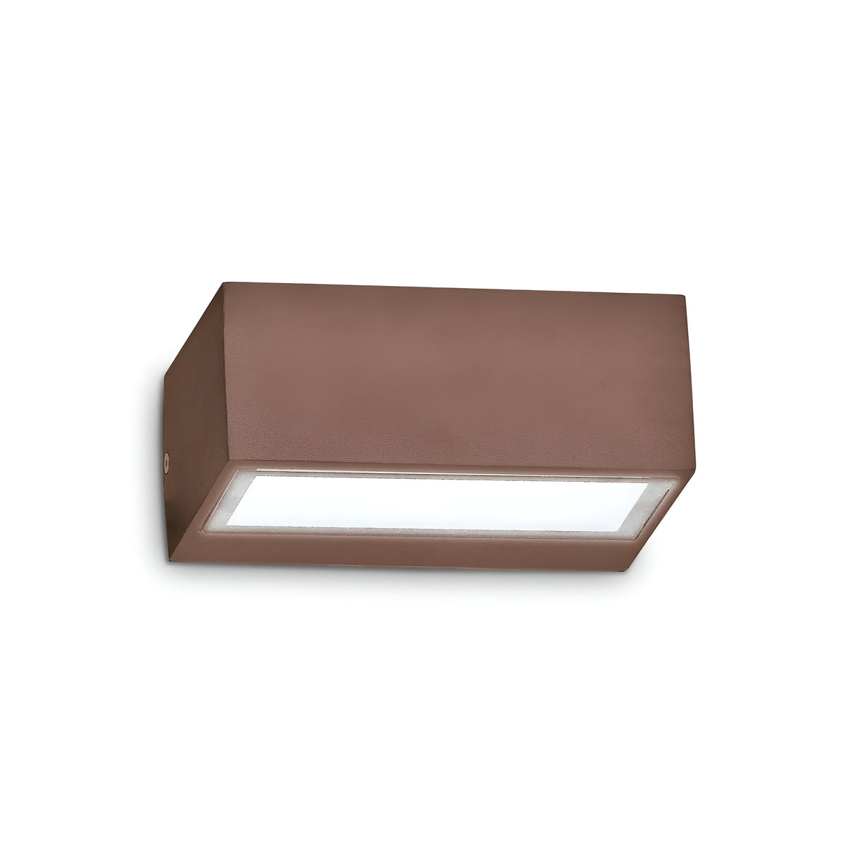 The Prism Outdoor Wall Light - Brown showcases a rectangular, wall-mounted structure crafted from die-cast aluminium in a brown finish, paired with a transparent satin-finish Pyrex glass cover. It offers downlight illumination and presents a modern, minimalist look against a white background.