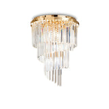 The Emberara 24 Light Crystal Chandelier in Gold features a luxurious design with cascading tiers of prisms, making it a sophisticated and elegant piece of luxury lighting.