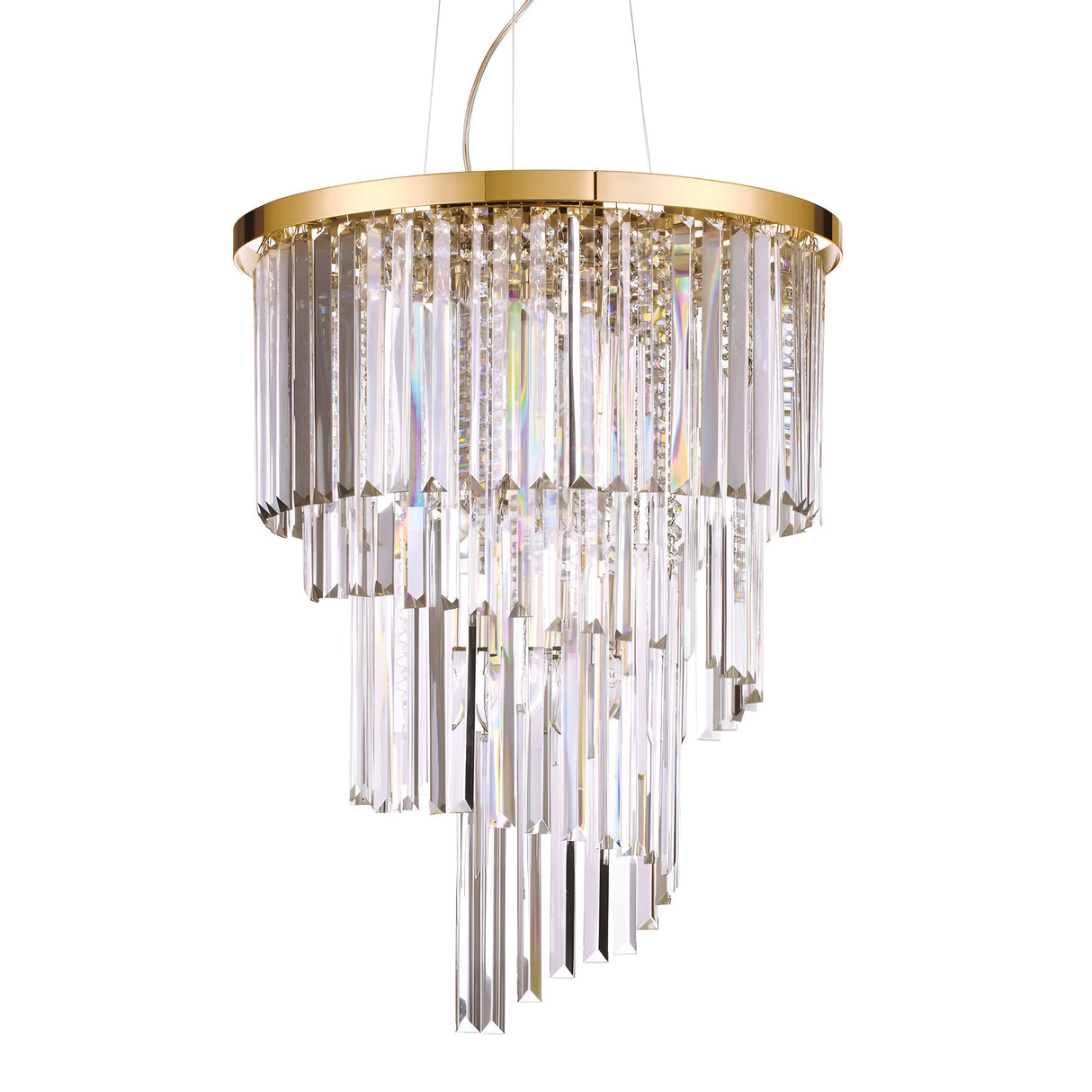 The Emberara Crystal 12 Light Chandelier - Gold features a luxurious circular frame adorned with multiple tiers of hanging crystal prisms, creating a cascading effect. The clear crystals catch the light beautifully, adding elegance and sparkle to this stunning piece of luxury lighting.