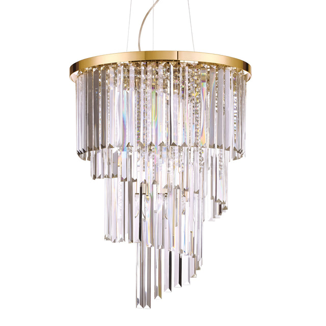 The Emberara Crystal 12 Light Chandelier - Gold features a luxurious circular frame adorned with multiple tiers of hanging crystal prisms, creating a cascading effect. The clear crystals catch the light beautifully, adding elegance and sparkle to this stunning piece of luxury lighting.